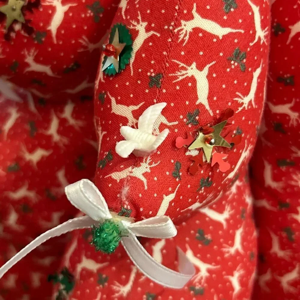 Vintage 80s fabric Christmas tree red reindeer with Dove detail large